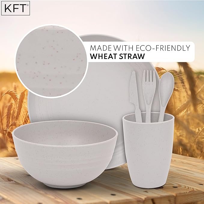 Wheat Straw Dinnerware Sets for 4 - KFT Lightweight & Unbreakable Dishes Microwave & Dishwasher Safe Perfect for Camping, Picnic, RV, Dorm Plates, Cups and Bowls (Gray)