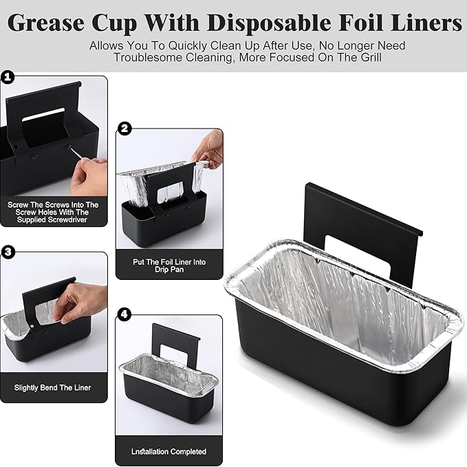 Grill Grease Catcher for Blackstone Griddle with 10 Pack Grease Cup Liners Aluminum Foil Tray Pan Drip Tray Pan for 17, 22, 28 & 36 inches Griddle (Short Hook + Long Hook)