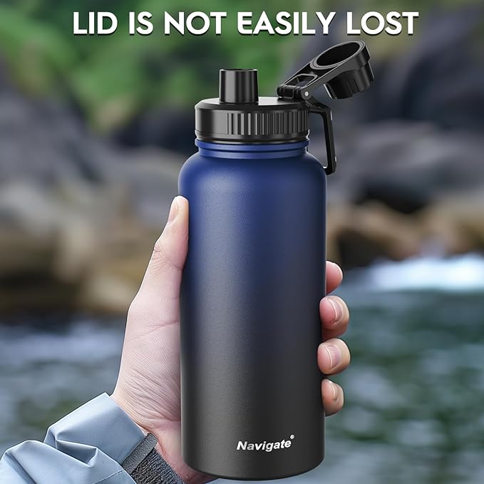 Navigate 32 oz Stainless Steel Insulated Water Bottle,Double Walled Leak Proof Keep Cold for 24 Hrs Hot for 12 Hrs,Wide Mouth Water Jug with Spout & Handle Lids,Blue to Black