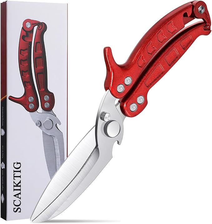 Heavy Duty Kitchen Shears, Detachable Poultry Shears with Serrated Edge, Spring-Loaded Stainless Steel Chef Scissors Cutting Bone, Chicken, Fish, Food, Meat, Burgundy Full Steel Handle
