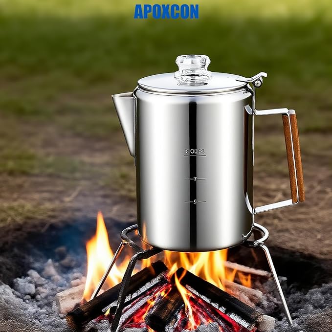 Coffee Percolator Camping Coffee Pot Stainless Steel Coffee Maker with Two Heat Resistant Tough Glass Knob Using on any Stovetop Outdoor Traveling NO Aluminum NO Plastic (9 Cup)