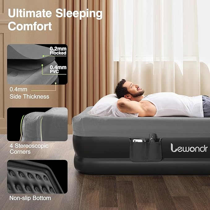Queen Air Mattress with Built in Pump,16" Deluxe Blow Up Mattress Airbed, Comfy Self Inflating Air Mattress, 3Min Fast Inflatable Mattress for Camping, Home, Guests, Travel(661lb MAX), Gray