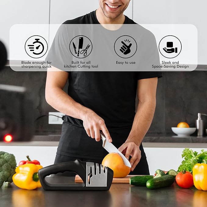 HOTEC 4in1 Knife Sharpener, 3 Stage Manual Sharpener for Sharpening Kitchen Knives 1 Stage for Scissors- Ceramic Stone, Tungsten Carbide Plates, Diamond rods
