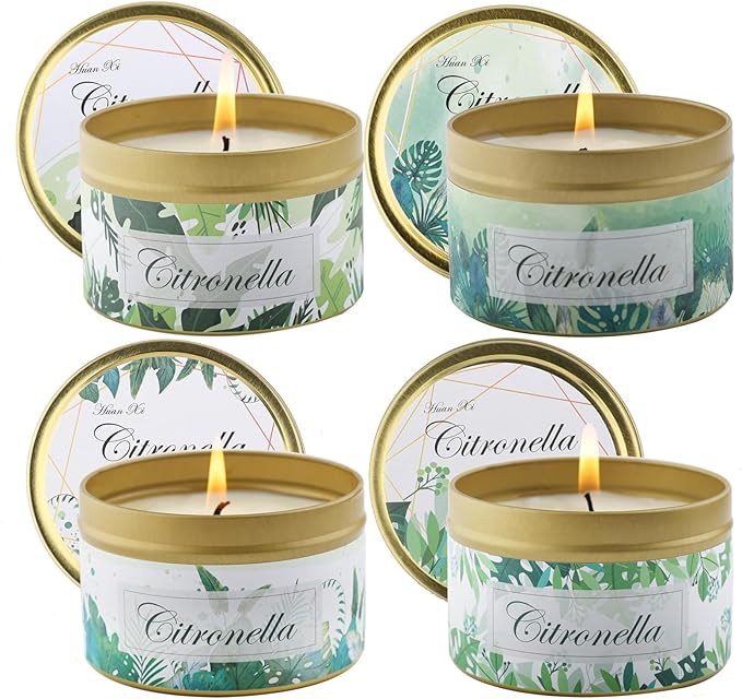 HUANXI Scented Candle Set 4 Pack Citronella Candles, Insect Moskito Repellent Candles for Outdoor Indoor, 32 Oz Travel Tin Jar Candles for Home, for Camping Fishing Garden Patio Yard Balcony Party