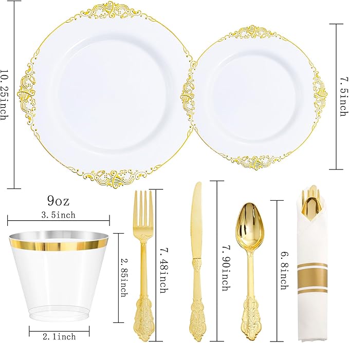 Nervure 175PCS Gold Plastic Plates - Disposable White Gold Party Plates & Pre Rolled Napkins with Cutlery for 25 Guests, 50Plates, 75Silverware, 25Cups, 25Napkin for Wedding & Party & Thanksgiving
