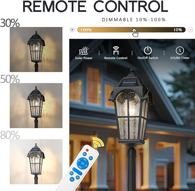 Emliviar 85.4" Black Solar Powered Street Light Fixture for Pathway with Remote Control, Dusk to Dawn Waterproof Pole Lamp with LED Bulb, Post Lighting with Water Grain Glass Shade, YXE302MPL-SL BK