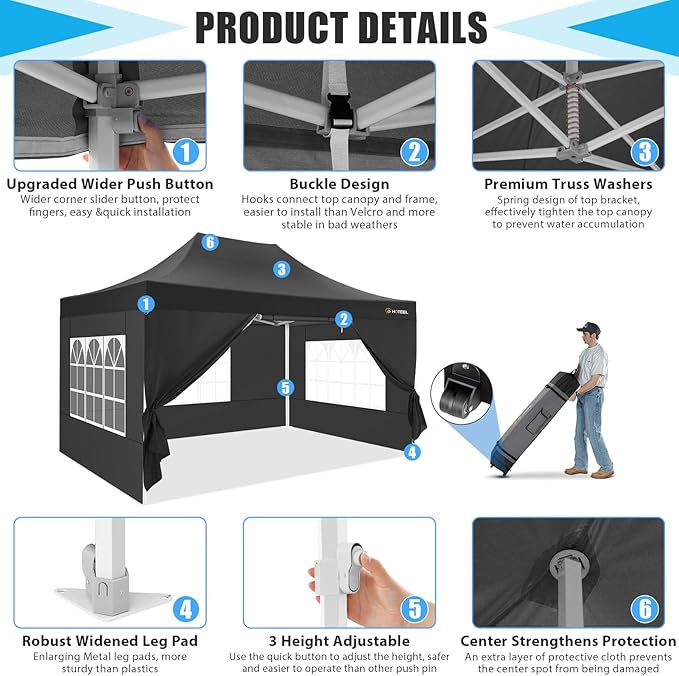 HOTEEL Canopy Tent 10x15 Heavy Duty Pop Up Canopy with Sidewalls, Party Tent with Roller Bag for Event Wedding, Upgraded Commercial Waterproof Instant Canopy, Thick Hexagonal Legs, UPF50+, Black