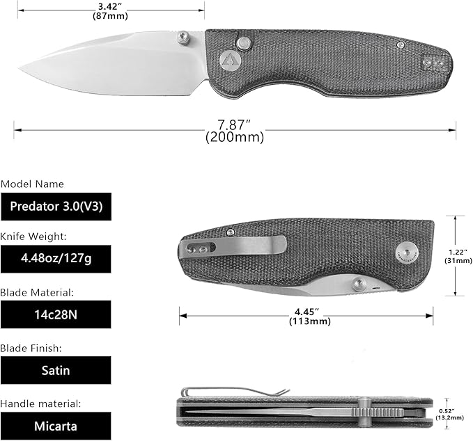 CMB Predator V3 Pocket Folding Knife for EDC with 3.42" Micarta Handle 14C28N Steel Blade Camping Hiking Knife with Pocket Clip for Men Women CMB-19 (CMB-19C)