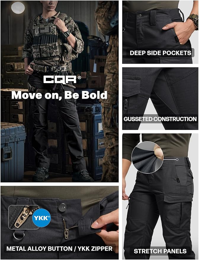 CQR Women's Flex Stretch Tactical Pants, Water Resistant Ripstop Cargo Work Pants with Pockets for Outdoor & Hiking