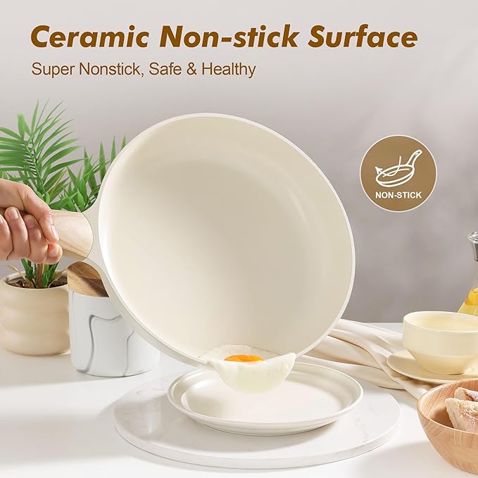 SENSARTE Ceramic Nonstick Frying Pan Skillet with Lid 11inch Non Stick Omelet Pan, Non-toxic Healthy Kitchen Cooking Chef's Pan, Free of Intentionally Added PFOA/PFAS/PTFE, Induction Compatible, White