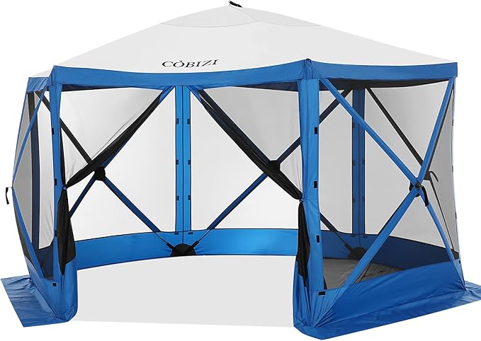 COBIZI 12x12ft Pop up Gazebo Screen House Tent for Camping, Camping Outdoor Screened Gazebo with Mosquito Netting, Portable Hub Tent with Carrying Bag and Ground Stakes, Blue(Upgraded 2.0)