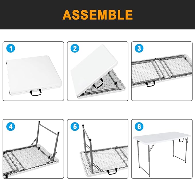 48" W x 24" D x 29.5" H - 4FT Adjustable Height Heavy Duty Plastic Fold-in-Half Foldable Table,White Portable Folding Table with Carrying Handle for Camping & Party