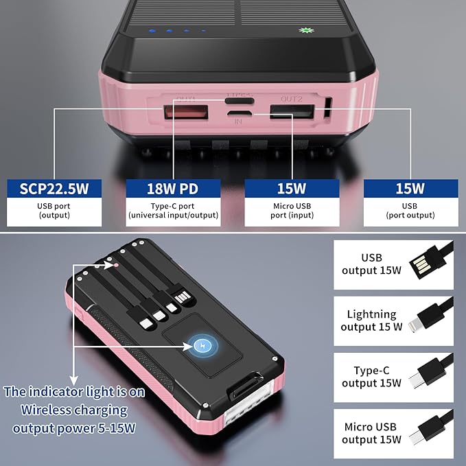 Solar Charger Power Bank 49800mAh, Portable Phone Charging Built-in 4 Cables 22.5W Fast Charging for Cell Phones, Type-C input/Output Port Solar Panel Charger with Dual Flashlights&Compass for Camping