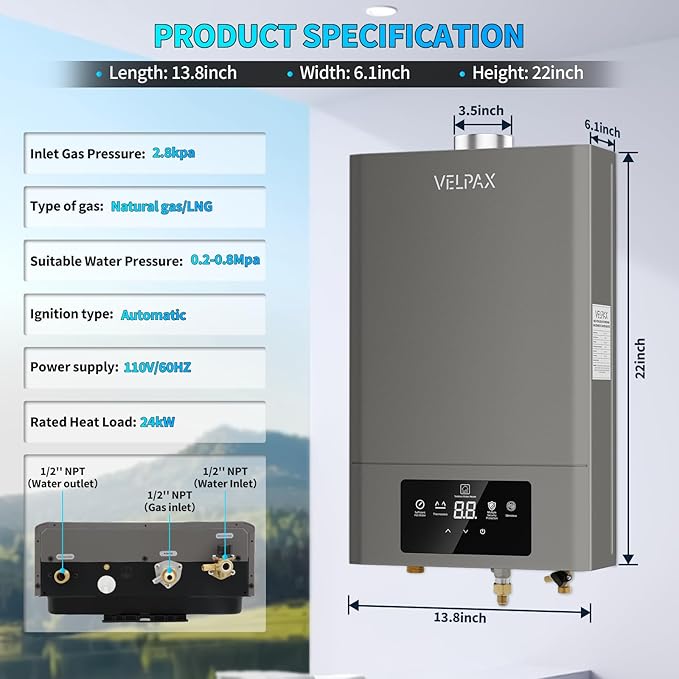 Natural Gas Tankless Water Heater,Indoor 4.74GPM 18L,Constant natural gas Tankless water heater,Instant Hot Natural Gas Water Heater with Fahrenheit Digital Display,Multi-Protection