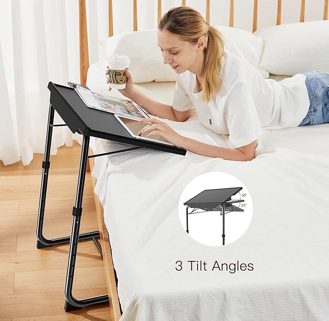 Adjustable TV Tray Table - TV Dinner Tray on Bed & Sofa, Comfortable Folding Table with 6 Height & 3 Tilt Angle Adjustments (Black)