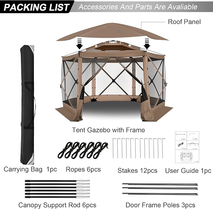 COBlZl Pop Up Gazebo 12x12 Screen House Tent for Camping, Outdoor Instant Stargazing Gazebo Canopy with Awning 2.0, Portable Hub Tent with Mosquito Netting, Pavilion for Backyard,Brown