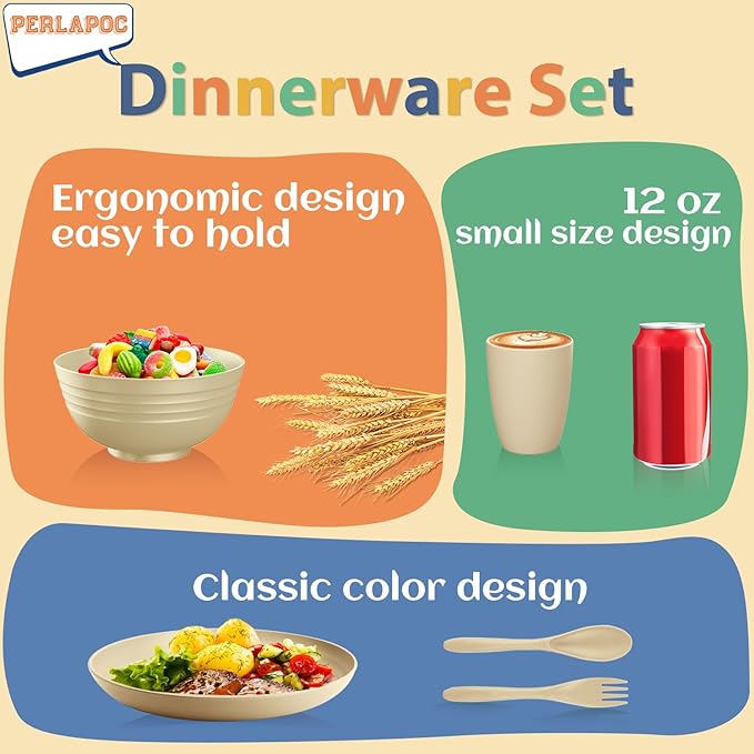 Kitchen Wheat Straw Dinnerware Sets for 4, Unbreakable Dish Set 20-Piece - Dinner Plate/Cereal Bowl/Cup/Fork/Spoon, for Outdoor Camping, RV, Apartment Essentials - Beige