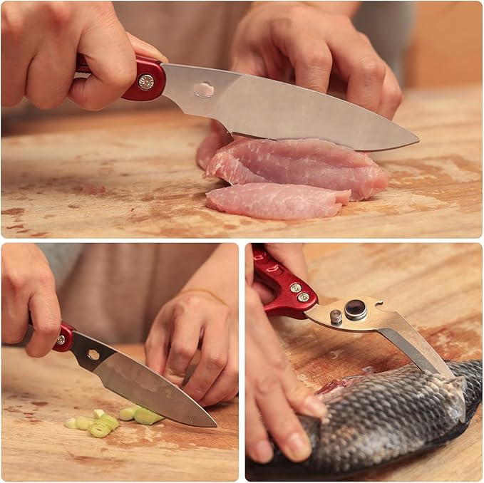 Heavy Duty Kitchen Shears, Detachable Poultry Shears with Serrated Edge, Spring-Loaded Stainless Steel Chef Scissors Cutting Bone, Chicken, Fish, Food, Meat, Burgundy Full Steel Handle