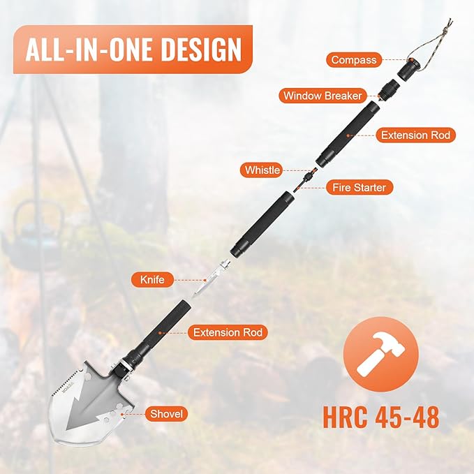 VEVOR Survival Shovel, 11 in 1 Camping Shovel Folding Multitool Kit, Portable and Compact, Stainless Steel, Multifunction for Off-Roading, Camping, Hiking, Outdoor, Survivalist and Emergency