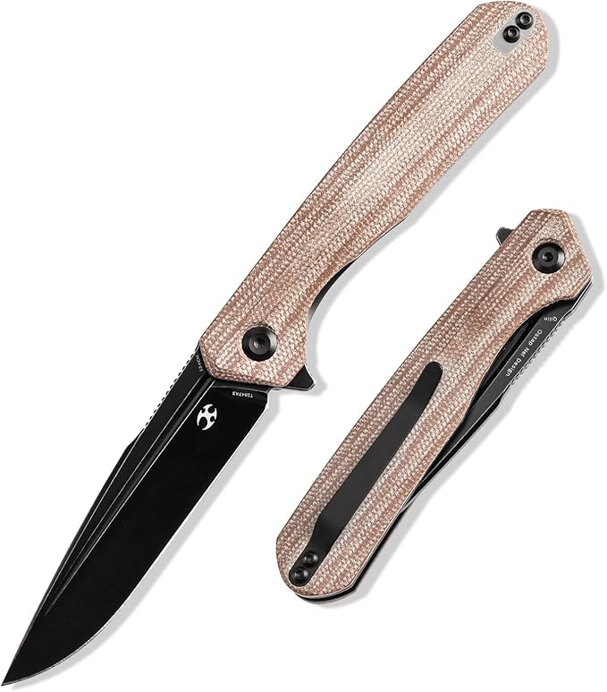 KANSEPT Qilin Pocket Knife, 3.24'' Blackwash 154CM Sharp Blade, Brown Micarta Handle for Edc, Flipper and Liner Lock with Double-Sided Clip, Men Camping Survival Folding Knives T1047A3