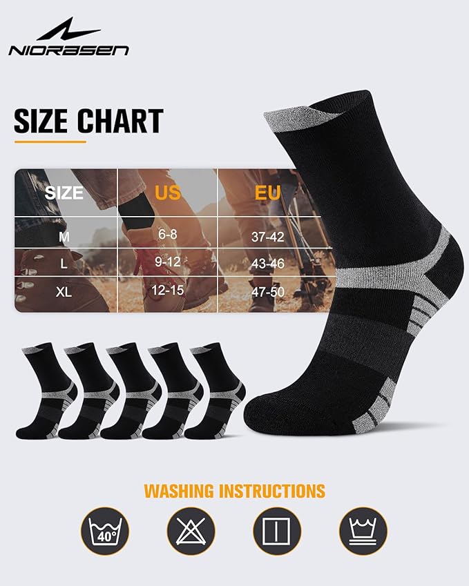 6 Pairs Men's Cotton Crew Work Boot Socks, Moisture Cushioned Athletic Sports Socks for Hiking Running Workout