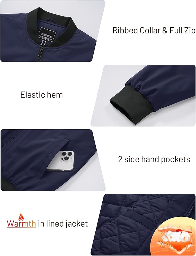 Cotrasen Men's Bomber Jacket Full Zip Windbreaker Warm Winter Windproof Casual Outwear Padded Lined Coats