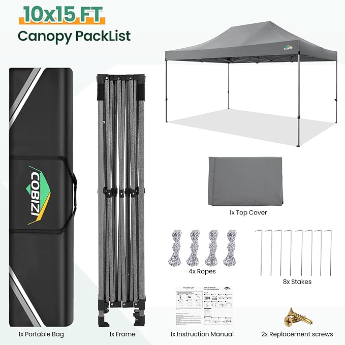 COBIZI 10x15 FT Pop up Canopy Tent,Heavy Duty Easy Up Commercial Outdoor Party Canopy Tents for Wedding Parties All Season Wind & Waterproof Gazebo with Carry Bag,Gray(Frame Thickened)