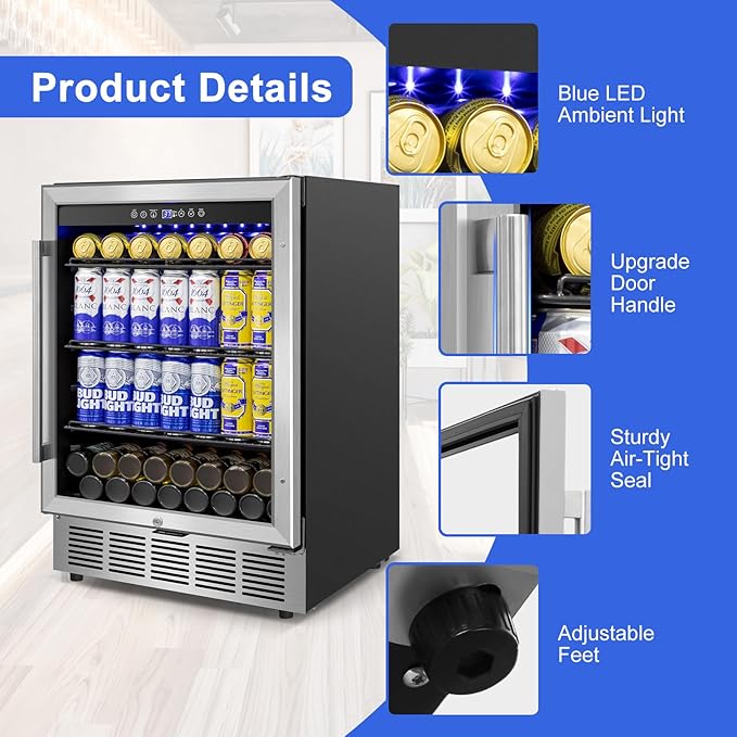 Beverage Refrigerator 24 inch-200 Can Drink Fridge with Glass Door, Under Counter/Freestanding Beverage Cooler with Temperature Memory, Reversible Door, Quick Cooling, Cooler for Beer, Soda, Wine