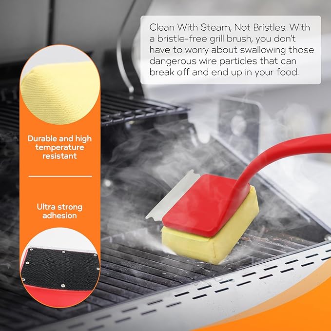 MEKER Grill Brush Bristle Free, Grill Cleaner Brush with 3 BBQ Replacement Head, Seamless Scraper Tool for Cast Iron, Stainless Steel Grates, Safe Grill Scraper Outdoor BBQ Grill, Red