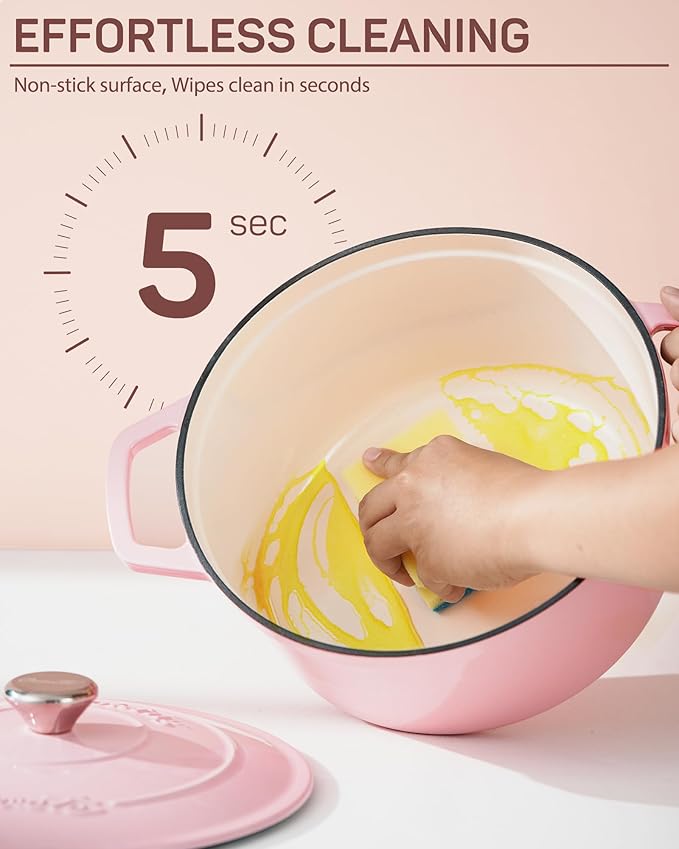 Enameled Cast Iron Dutch Oven – 4.4 Quart Pot with Lid & Potholders – Heavy-Duty Cookware for Bread Baking, Braising, Stews & Roasting – Oven & Stovetop Safe up to 500°F – Pink