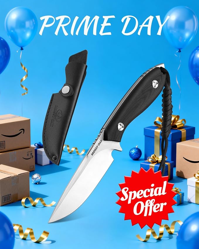 Mossy Oak 8.75 Inch Fixed Blade Knife with Leather Sheath, Full Tang Outdoor Camping Knife, G10 Handle for Bushcraft, Survival, Camping, Hiking