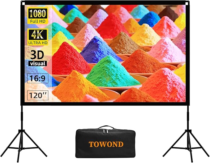 Projector Screen with Stand, Towond 120 inch Portable Movie Screen Indoor Outdoor 16:9 HD Front Rear Projection Screen with Carry Bag Wrinkle-Free and Foldable Polyester Fabric Design for Home Theater