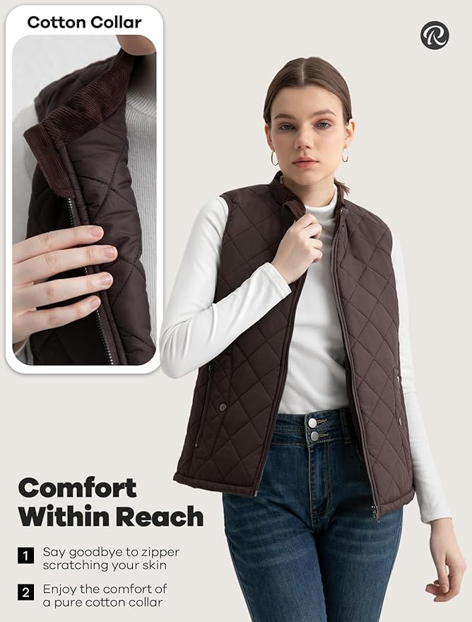 Women's Vest, Quilted Puffer Water-Resistant Zip With Pockets