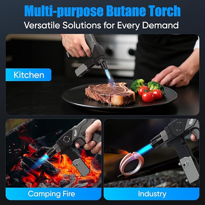 Butane Torch - Foldable Grip Kitchen Butane Torch with Safety Lock & Blue Light, Creme Brulee Torch for Cooking, BBQ & Soldering (Butane Not Included)