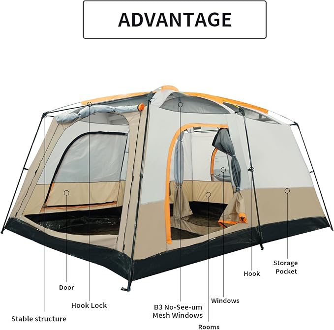 Camping Tent, Easy Setup, 1-2-8-10 Person Waterproof and Portable Tent for Camping Hiking Outdoor