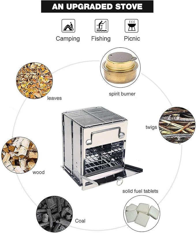 REDCAMP Wood Burning Folding Camp Stove Stainless Steel Grill, Portable Collapsible Backpacking Stove Survival Rocket Stove for Outdoor Tent Camping Hiking Picnic BBQ, Large
