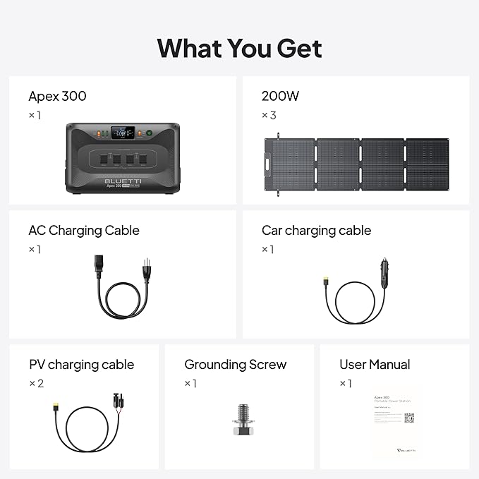 BLUETTI Apex 300 Solar Generator (2025 New) with 3 200W Solar Panels, 2764.8Wh LFP Battery Backup with 6 3840W AC Outlets (7680W Surge), 120V/240V Dual Voltage, Ideal for Camping and Off-Grid Living
