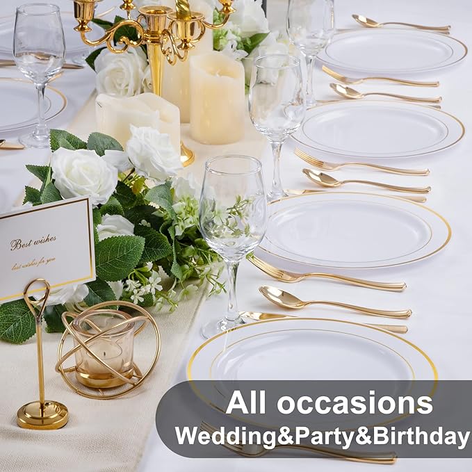 WELLIFE 72PCS Gold Plastic Plate, 10.25Inch Disposable Dinner Plate Party with Gold Rim, Heavy Duty Disposable Plastic Plates for Party, Wedding, Birthday.