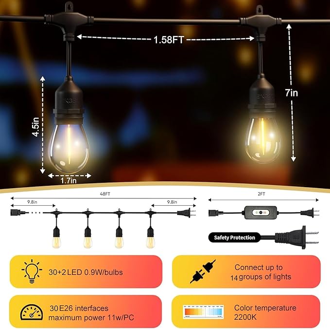 50FT Outdoor String Lights Waterproof with 30+2 Bulbs(๐.๐๐
๐ ๐๐ฎ๐ฅ๐๐ฅ๐ฌ ๐๐ฉ๐๐๐ข๐ง๐ ), Remote & Dimmer, Commercial Grade Patio Lights with 3 Mode Light & Timing,100PC Ties for Outside