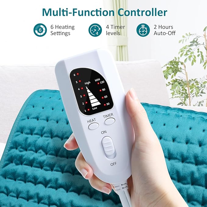 Electric Heating pad for Back/Shoulder/Neck/Knee/Leg Pain, Cramps and Arthritis Relief, 6 Fast Heating Settings, Auto-Off, Machine Washable, Moist Dry Heat Options, Extra Large 16"x30"