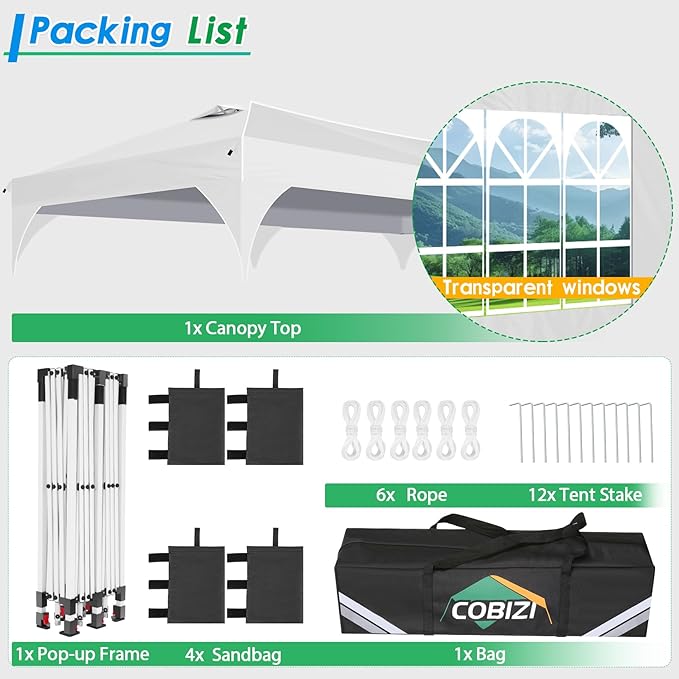COBIZI 10x20 Pop up Canopy Tent with 4 Sidewalls Outdoor Canopy Tent for Party with Push Center Lock & Air Vent, 2000mm+Waterproof Gazebo Canopy UPF 50+with 4 Sandbags,12 Stakes & 6 Ropes,White