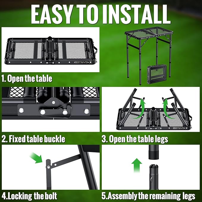 GARLLEN 2ft Folding Grill Table, 3 Adjustable Height Lightweight Camping Table with Heat-Resistant Mesh Desktop, Portable Aluminum Outdoor Tables for BBQ, Camping, Picnic, 22.8" L x 15.7" W, Black
