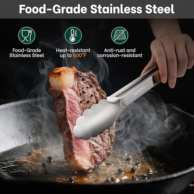 Beneno Tongs for Cooking, Food-Grade Stainless Steel Kitchen Tongs 12-Inch with Ergonomic Heat-Insulating Wooden Grip & Non-Slip Scalloped Tips, Sturdy Locking Metal Tong for Cooking, Grill