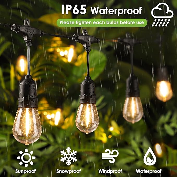 48FT Outdoor String Lights with Remote, Dimmable Patio Lights with 15+2 LED Waterproof Shatterproof Bulbs 3 Modes 4 Timers for Backyard, Black