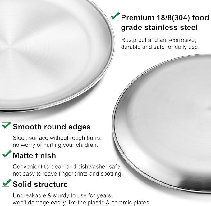 Homikit 6 Pack Stainless Steel Plate Set, 10.2 Inch Metal Kids Dinner Plates for Children Adult, Round Camping Plates for Serving Dishes Dessert Salad, Non Toxic & Reusable, Dishwasher Safe