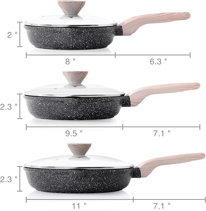 Nonstick Frying Pan Set with Lids, 3 Piece Skillet Set, Healthy Induction Cooking Pan, Stay-Cool Handle, Compatible with All Stovetops, PFOA Free (8, 9.5, 11 Inch)