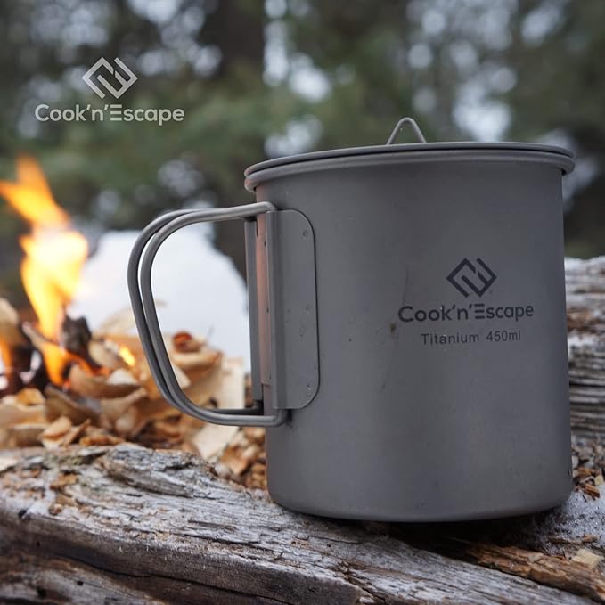 COOK'N'ESCAPE 450ml Camping Mug, Small Titanium Cup with Lightweight Backpacking Coffee Mug Foldable Handle for Outdoor Hiking Picnic Open Fire Cooking