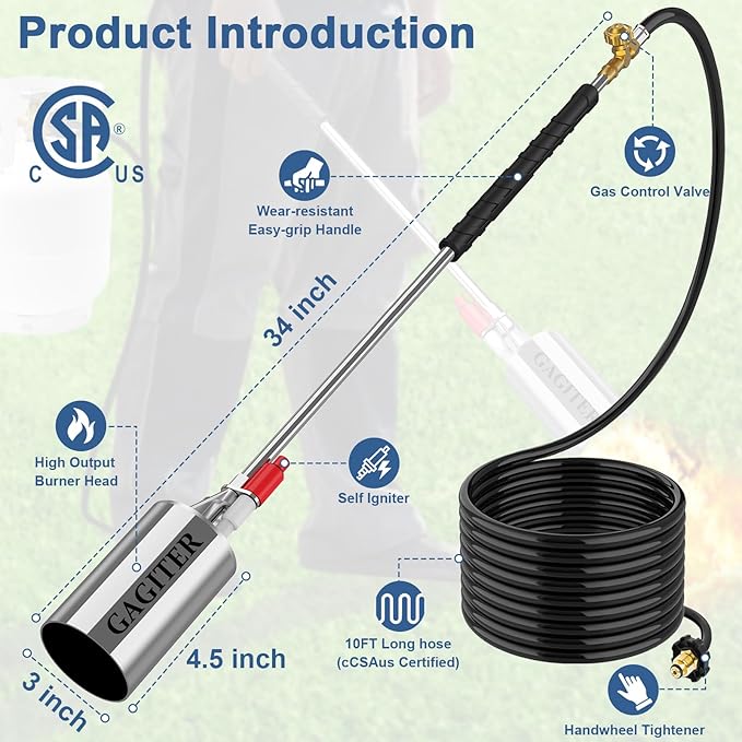 Propane Torch Weed Burner Kit,Blow Torch High Heat Output with Self Igniter,Heavy Duty Flamethrower with 10FT Hose Hose for Flame Weeding,Roof Asphalt,Ice Snow,Road Marking,Charcoal