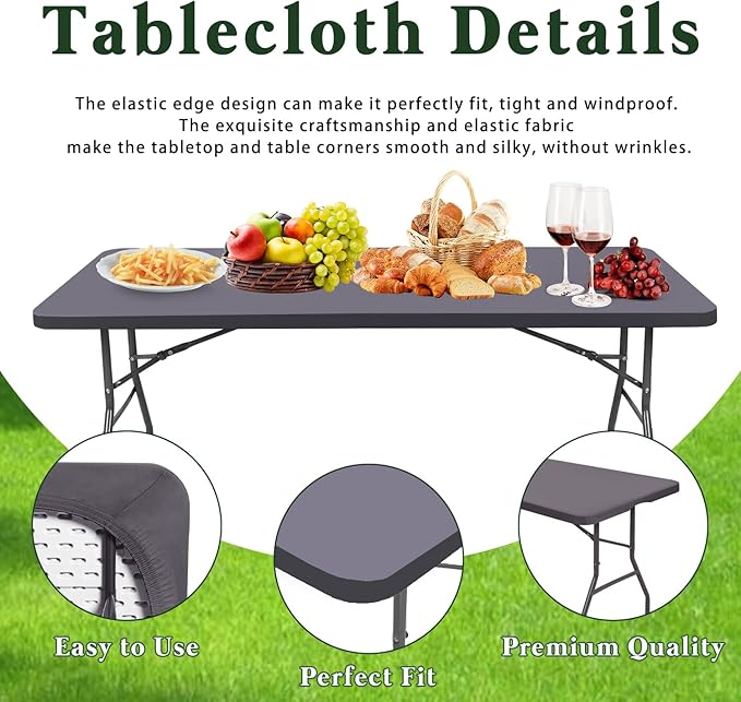 10 Pack Picnic Table Cover Outdoor Elastic Fitted Tablecloths for 8 Foot Rectangle Tables Waterproof Stretch Washable Patio Folding Spandex Table Cloth Camping Banquet Parties (Light Grey,30" x 96")