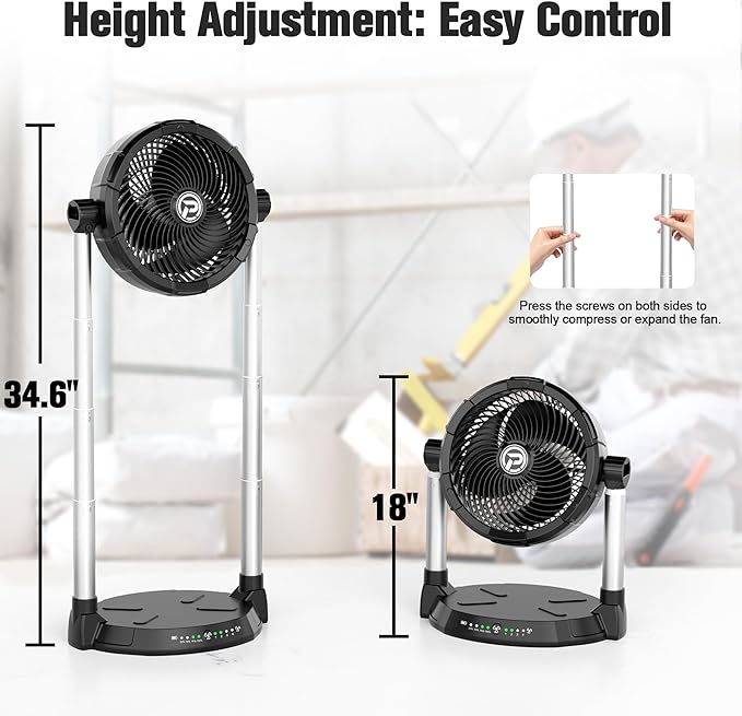 KITWLEMEN 40000mAh Battery Operated Fan - 12" Rechargeable Floor Fan, 4 Speeds, 65Hrs Cooling, 34.6" Height Adjustable, 12V Output Cordless Fan, Portable for Camping, Travel, Hurricane, Power Outage